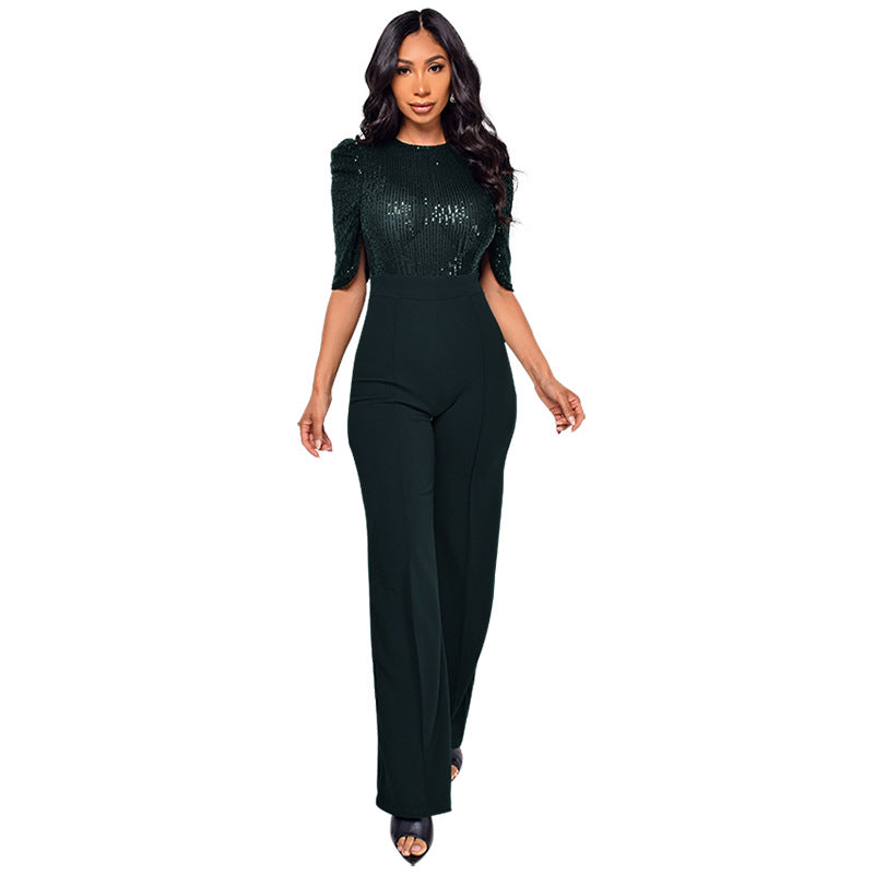 Women's Fashion Sequins Half Sleeve Wide-Leg Chic Ladies Jumpsuit 8