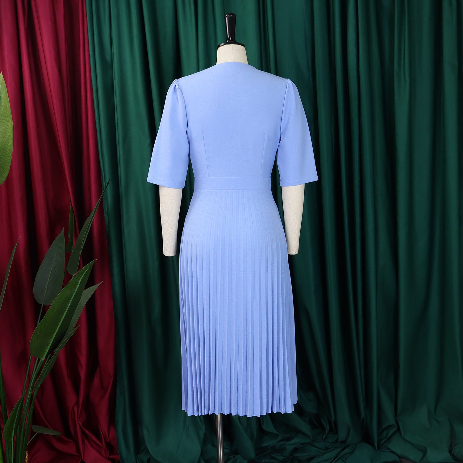 Women's Summer V-Neck Fashion Short Sleeve Solid Color Elegant Pleated African Dress 16