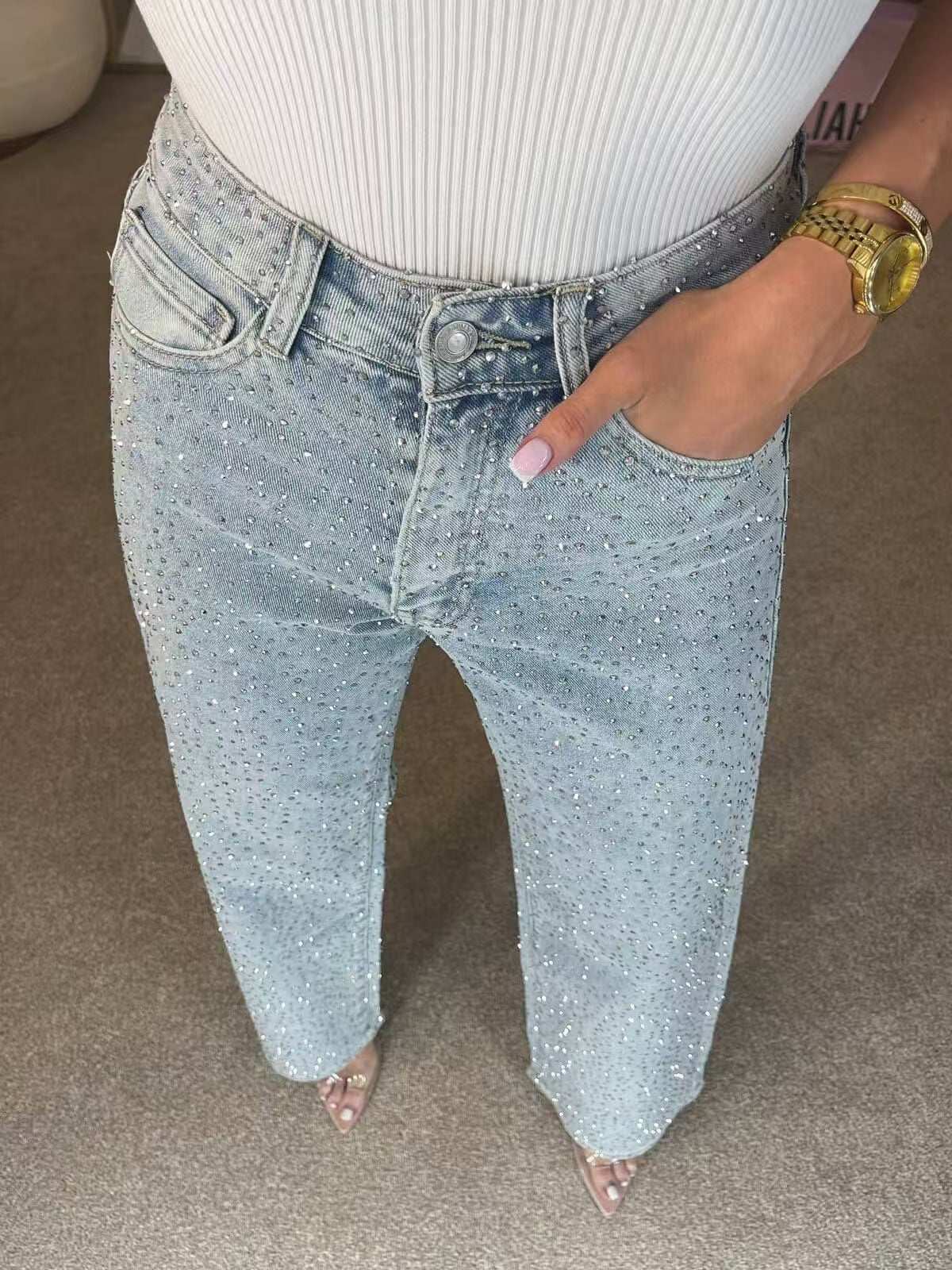 Women Full Diamond Washed Denim Pants 3