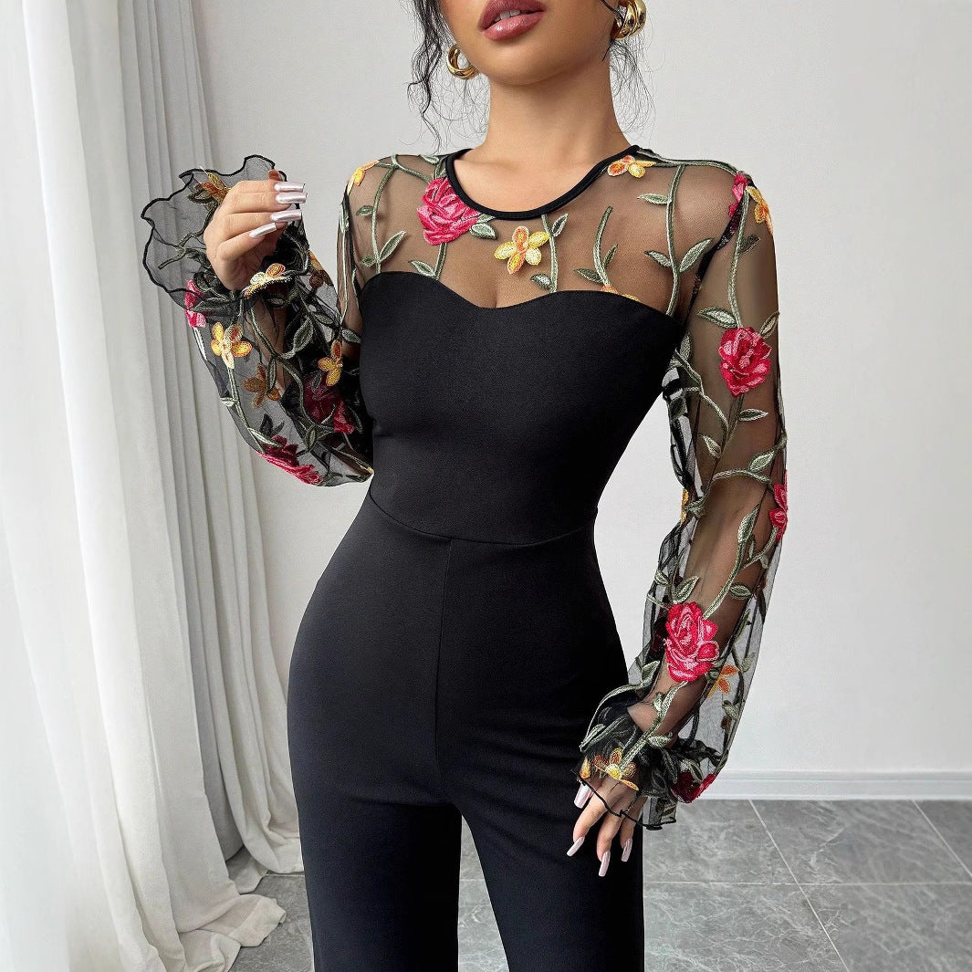 Women's Long Sleeve Embroidered Mesh Patchwork Slim Waist Jumpsuit 5