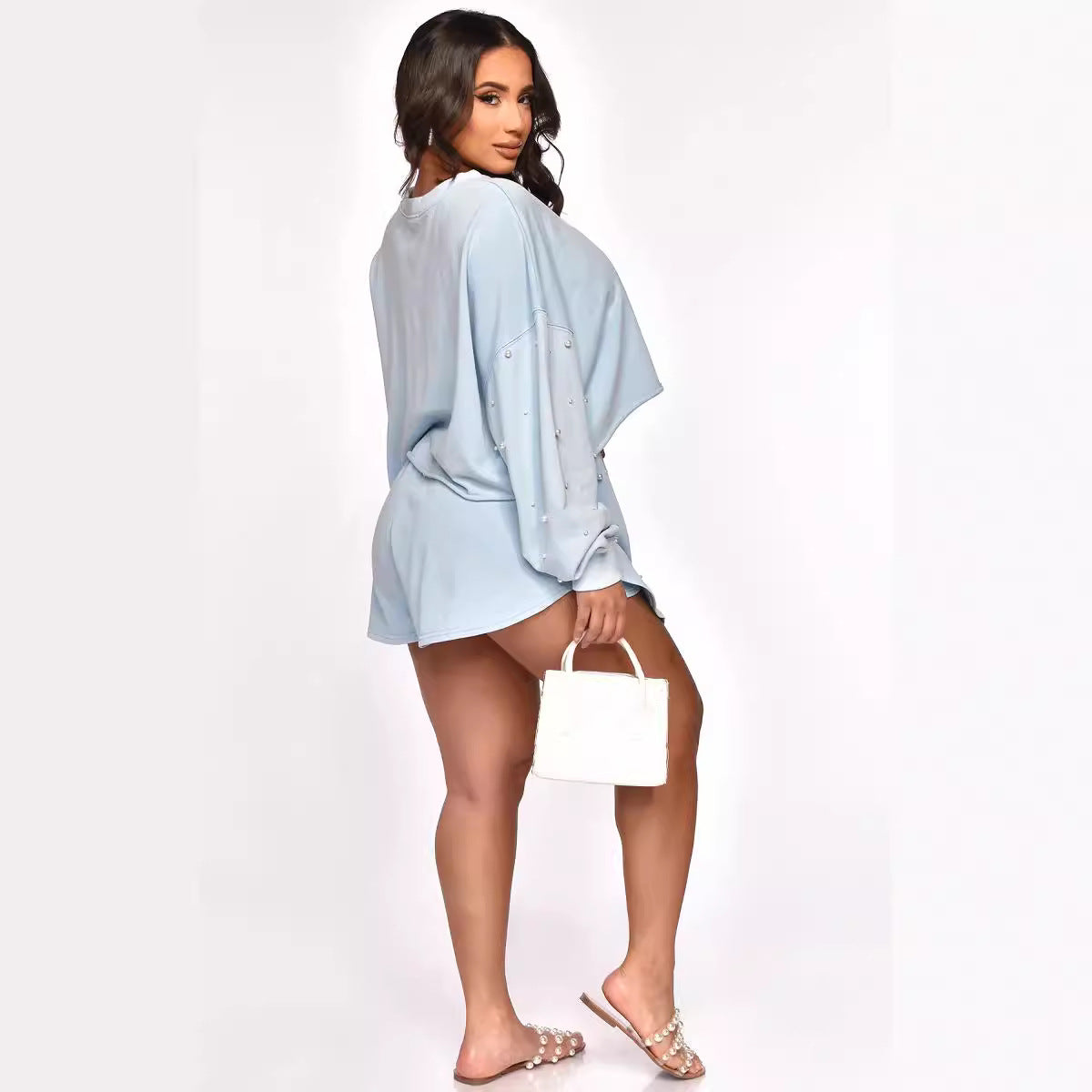 Women's Spring And Autumn Fashion Casual Top Beaded Shorts Two Piece Set 5