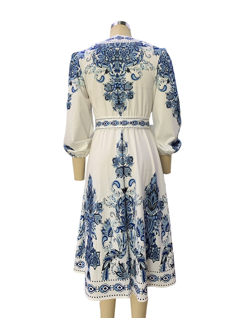 Autumn Women Fashion V-Neck Long Sleeve Bohemian Print Dress 3