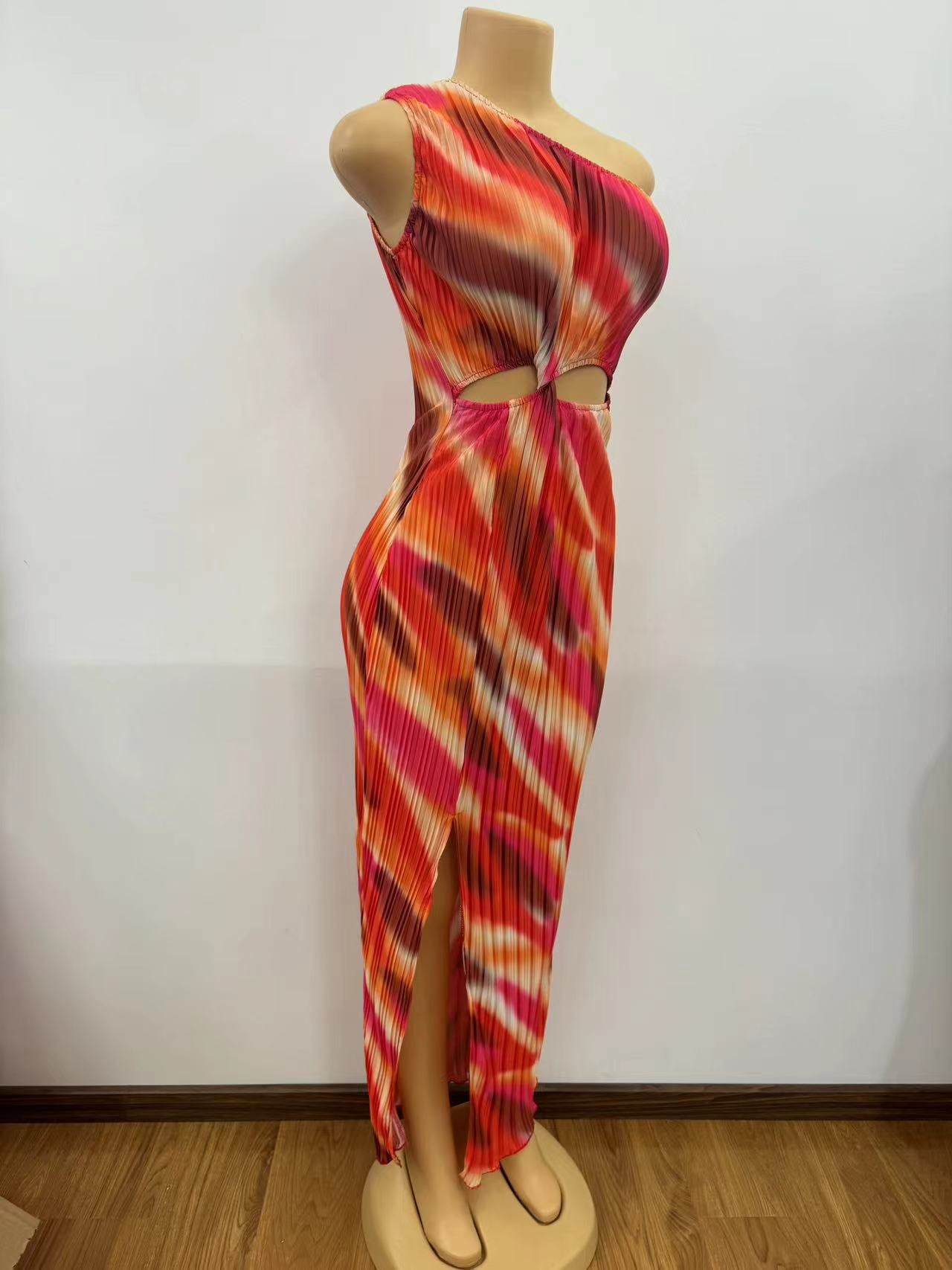 Summer Women Slash Shoulder hollow print slit bodycon dress 6