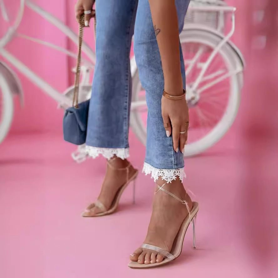 Lace Patchwork High Waist Slim Flared Denim Pants 4