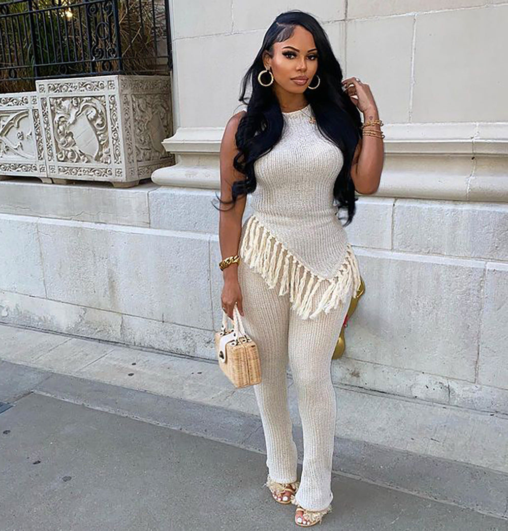 Women's Casual Set Irregular Fringe Sleeveless Tank Top High Waist Pants Set 3