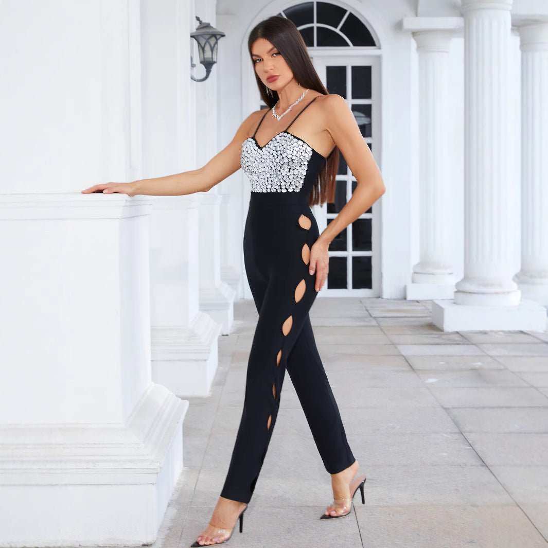 Women Black Sparkling Diamond Career Sexy Jumpsuit 3