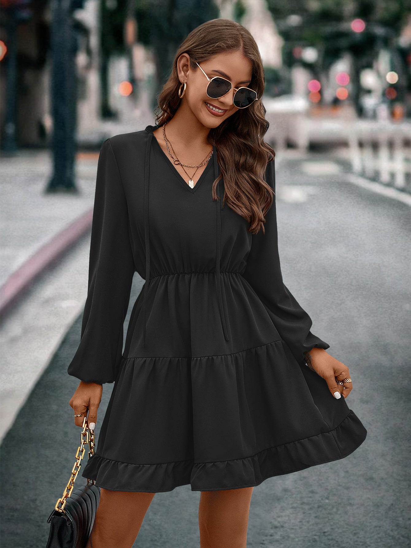 Autumn And Winter Women's  V-Neck Lace-Up Long-Sleeved Dress 7