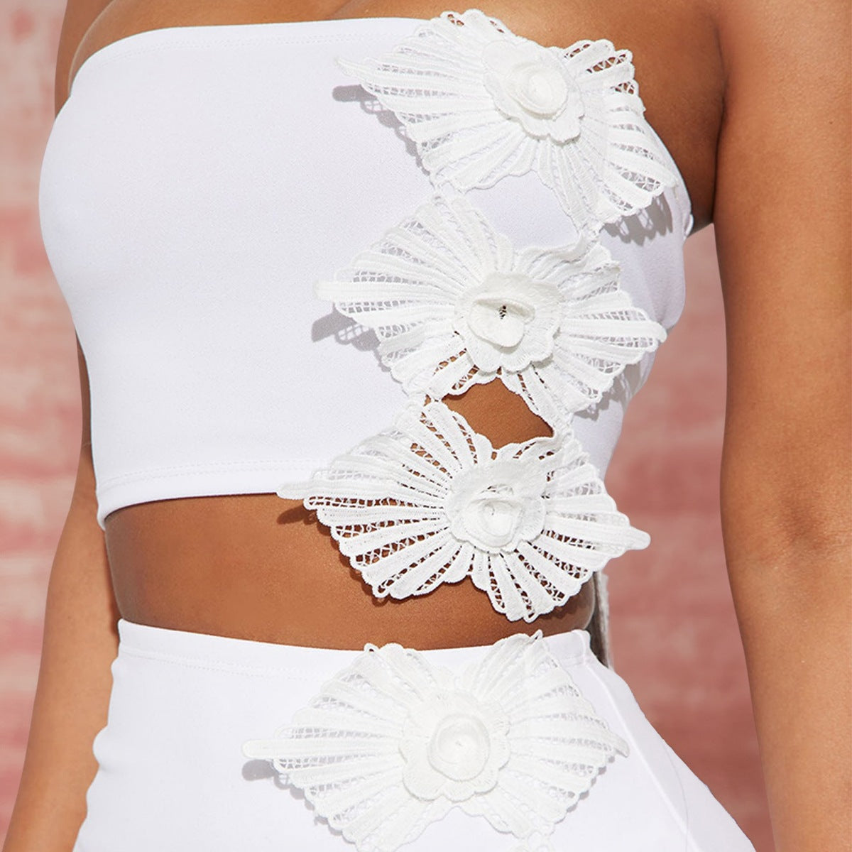 Women Slit Strapless Ruffle Lace Top and Skirt Two-Piece Set 5