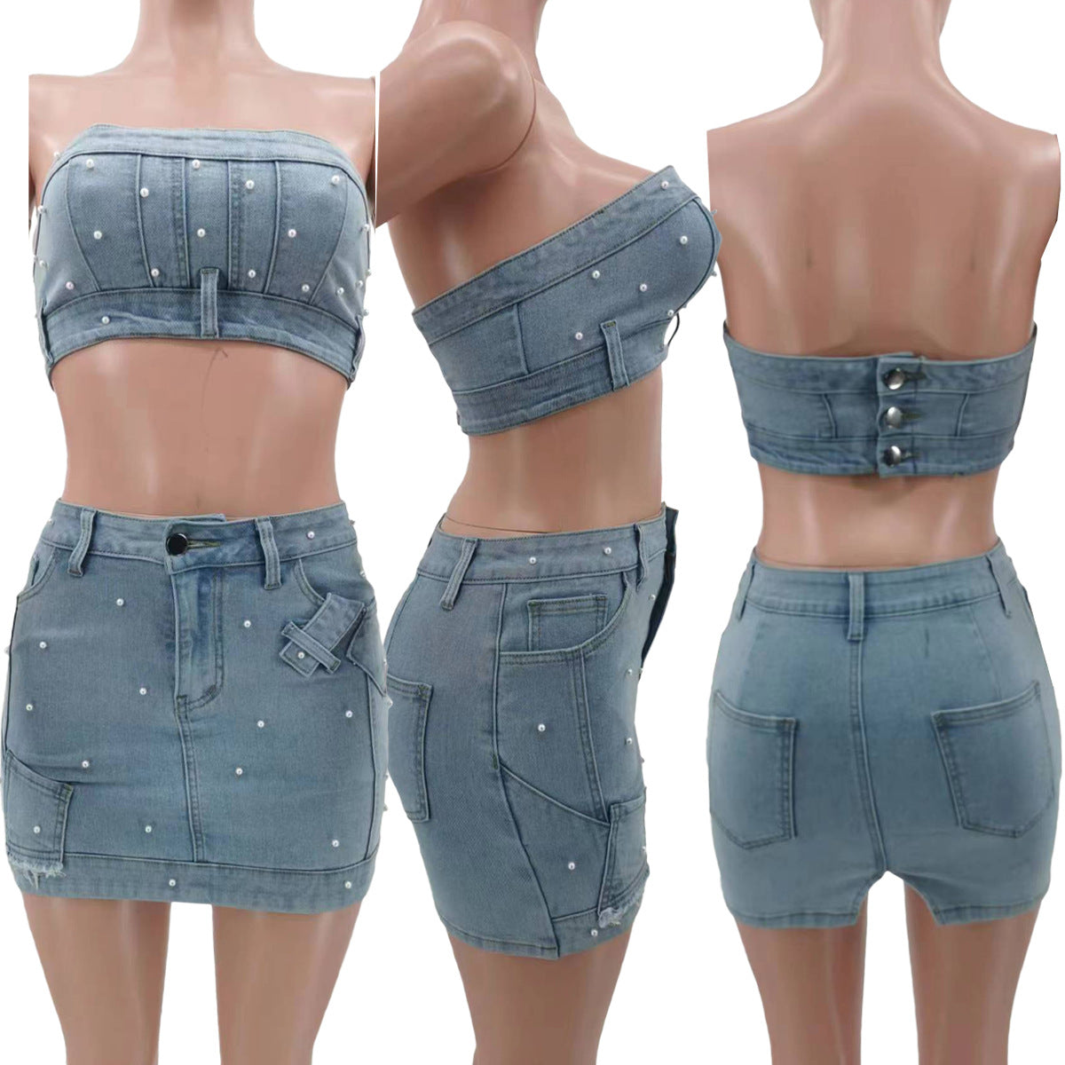 Fashionable Women's Clothing Beaded Strapless Stretch Denim Two Piece Skirt Set 6