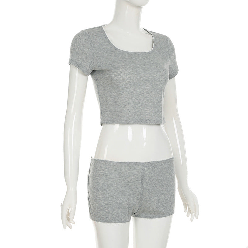 Casual Solid Color Short Sleeve T-Shirt Shorts Women Home Set 7