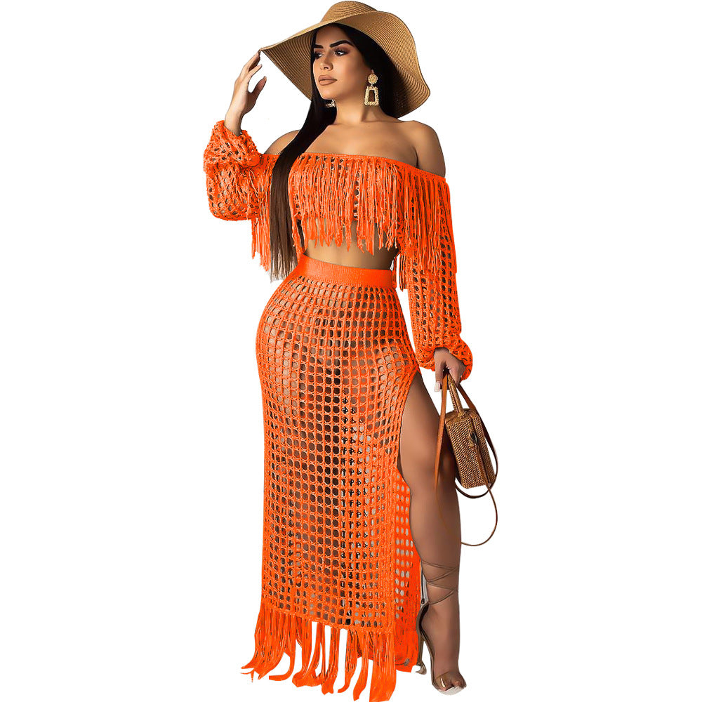 Summer Hollow Sexy Fashion Mesh Tassel See-Through Two-Piece Skirt Set 47