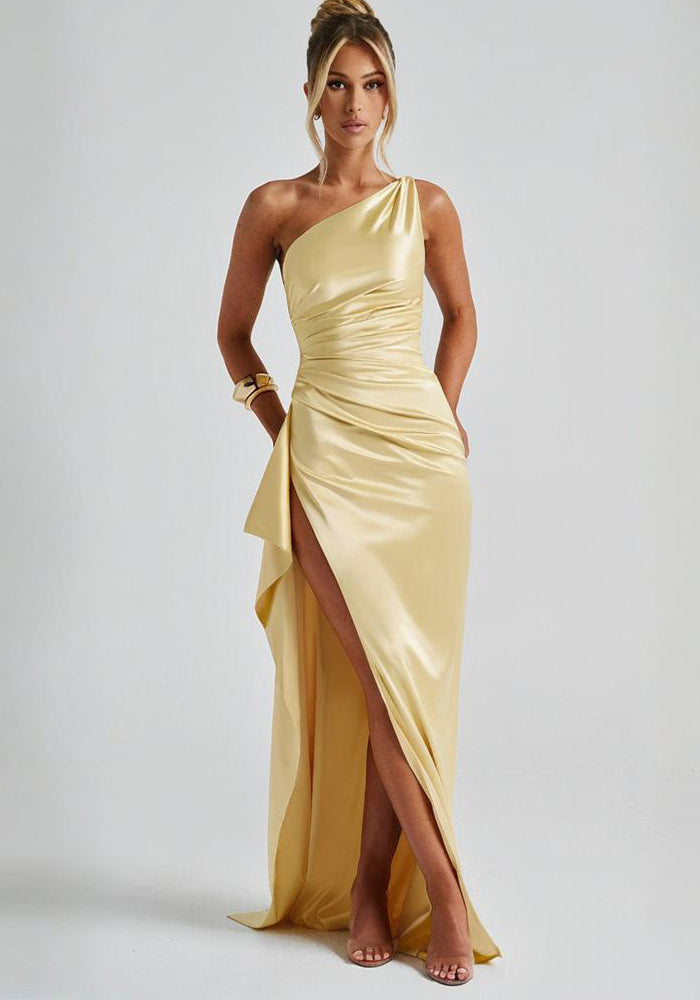Women's Sexy Slit Slash Shoulder Sleeveless Evening Dress