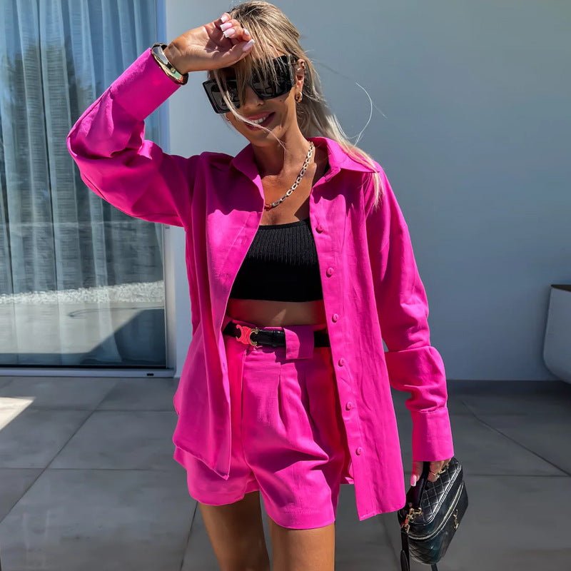 Fashion Casual Summer Suit Women's Long Sleeve Shirt Shorts Two-Piece Set 6