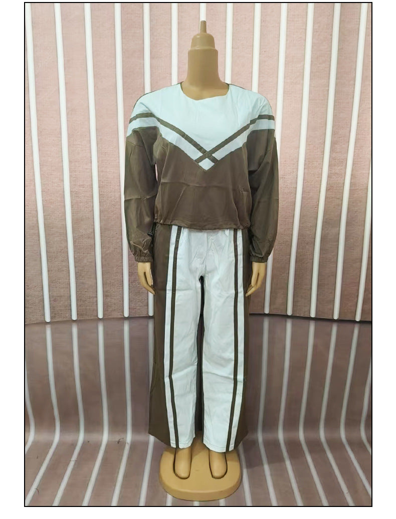 Women Contrast Color twill Casual Top and Pants Two-piece Set 6