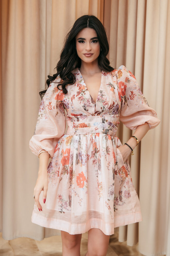 V neck Floral Print High Waist Pleated Holidays Short Dress for Women