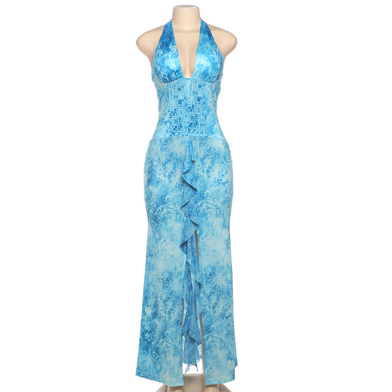 Women Spring Summer Sexy Contrast Halter Neck Lace-Up Backless Slit Dress 3