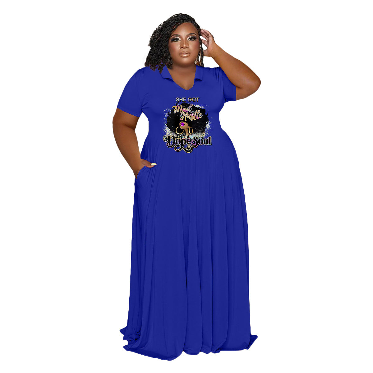 Plus Size Women Casual Turndown Collar Printed Short Sleeve Maxi Dress 11