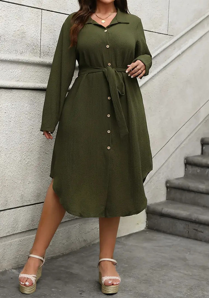 Plus Size Women Long Sleeve Long-Breasted Button Lace-Up Shirt Dress