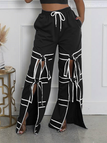 Women Solid Patchwork Lace-Up Casual Pants