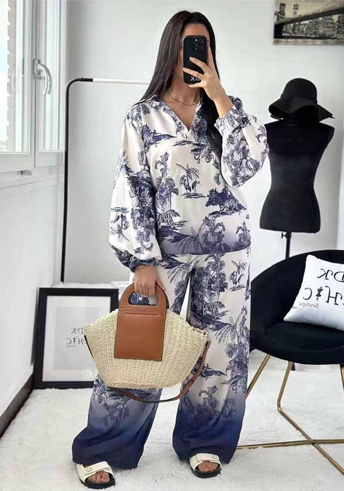 Summer Women loose long-sleeved printed shirt And Pant two-piece set