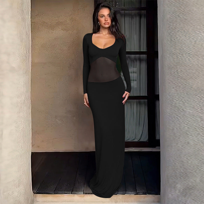 Women Sexy Mesh Patchwork Ruffle Gathered Maxi Dress 3