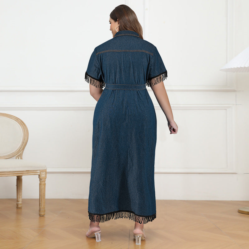 Plus Size Women's Short Sleeve Tassel Button Collar Belt Dress