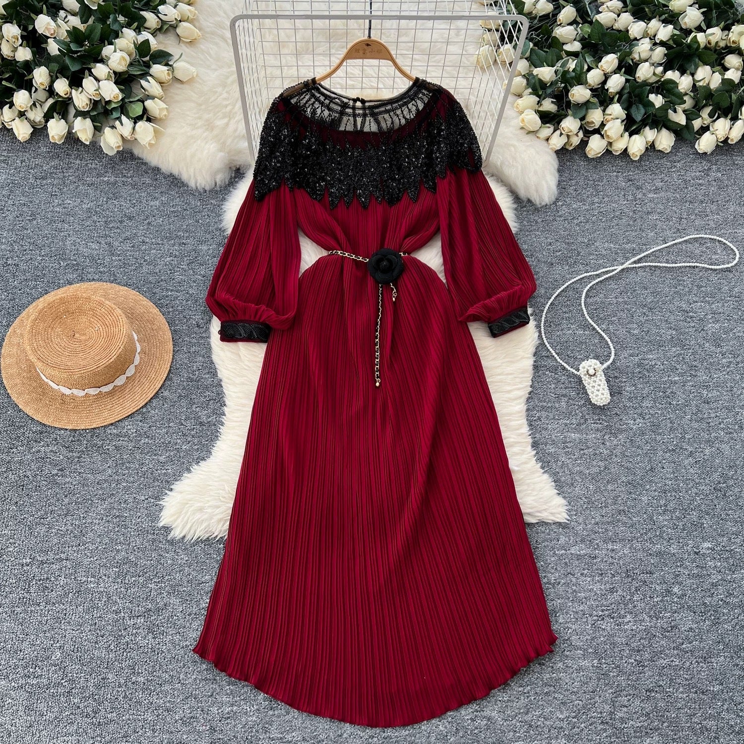 Beaded Chic Lantern Sleeve Pleated Dress 14
