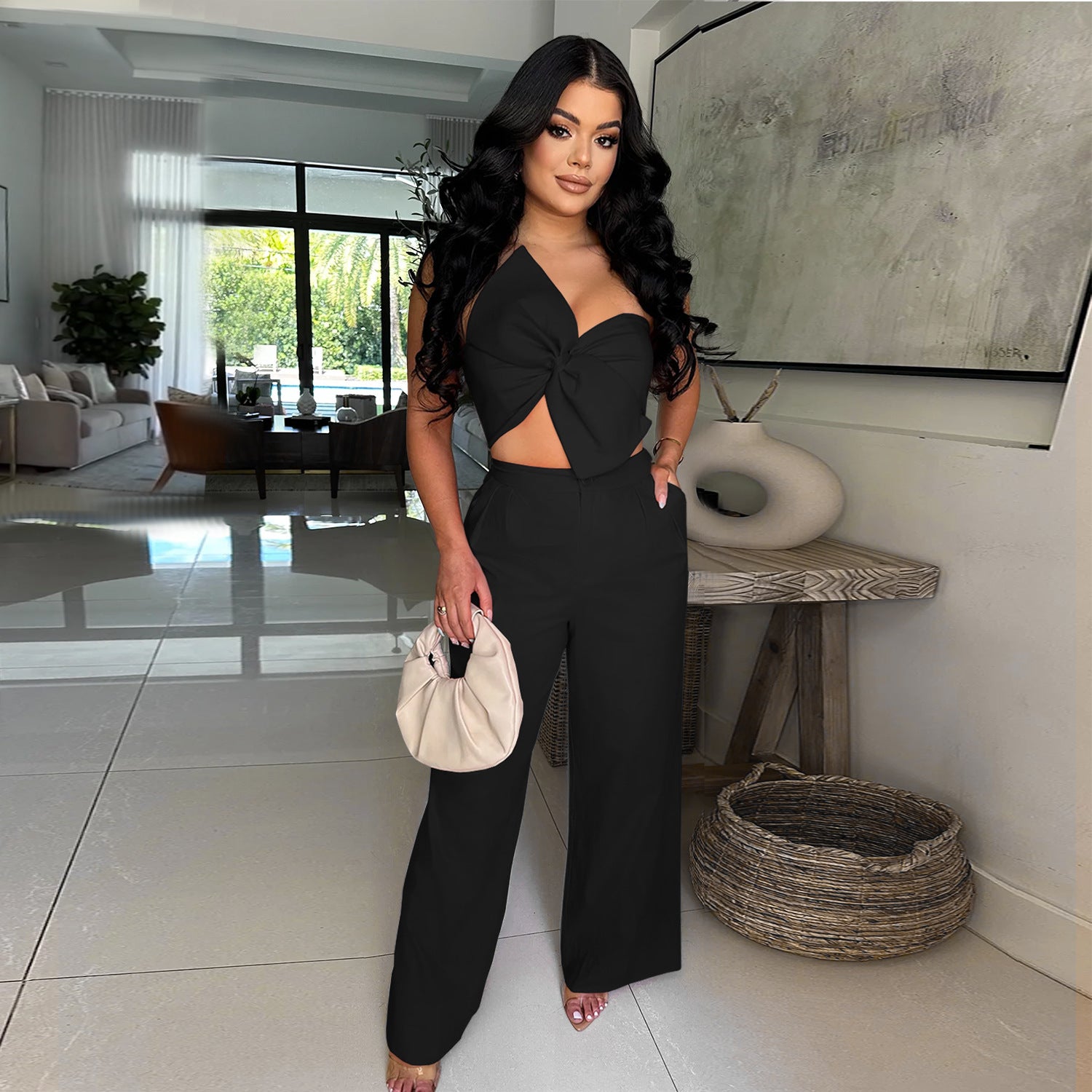 Women  Sexy Bowknot Top and Pants Two Piece Set 4