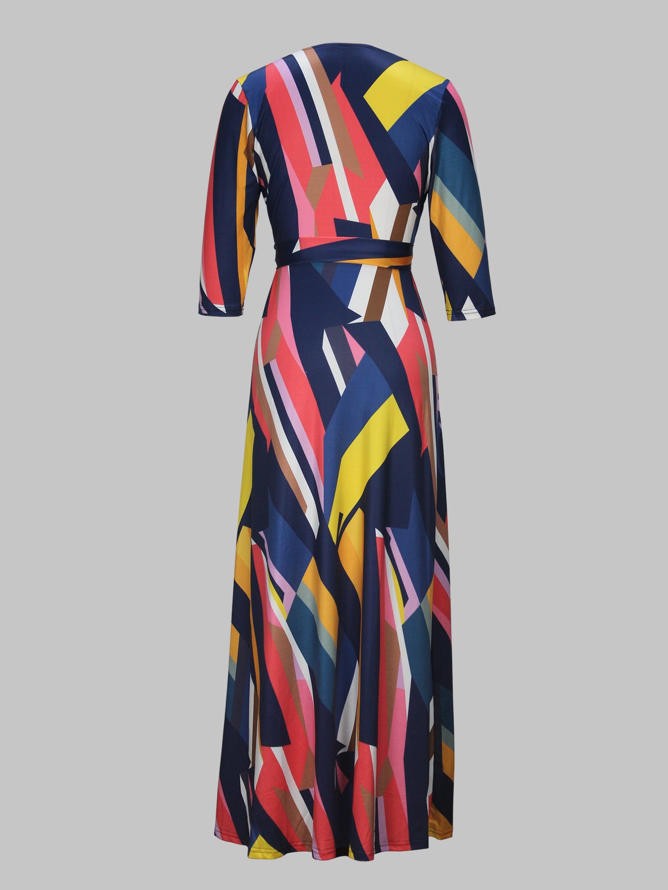 Spring & Autumn Women's Fashion Elegant Wrap V-Neck Half-Sleeve Print Belt Maxi Dress 115