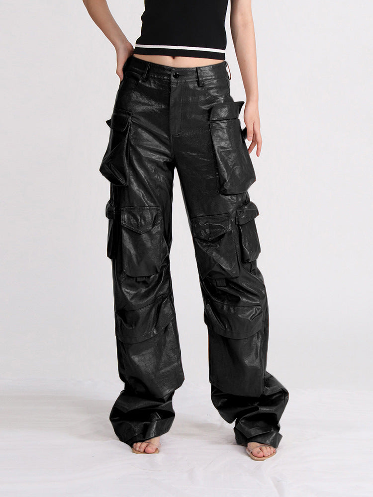 Women Pockets Style Loose Cargo PU-Leather Pant 3