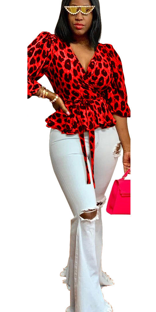 Women Casual Leopard V-neck Lace-Up Top 7