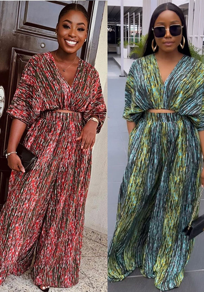 Printed Contrasting V-Neck Wide-Leg Two-Piece Pants Set