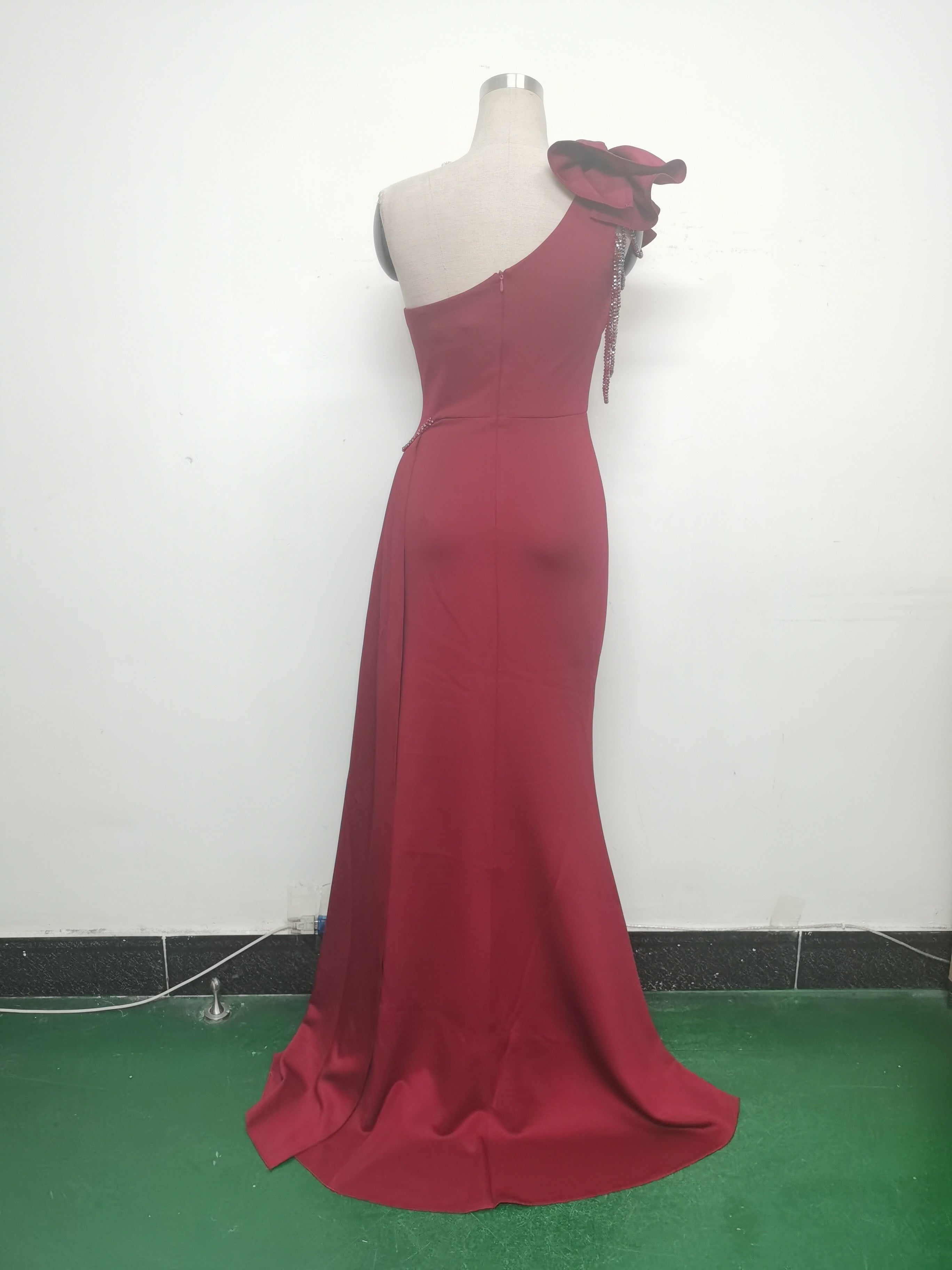 Women Beaded Flower Pleated Off-shoulder Split Evening Dress 35