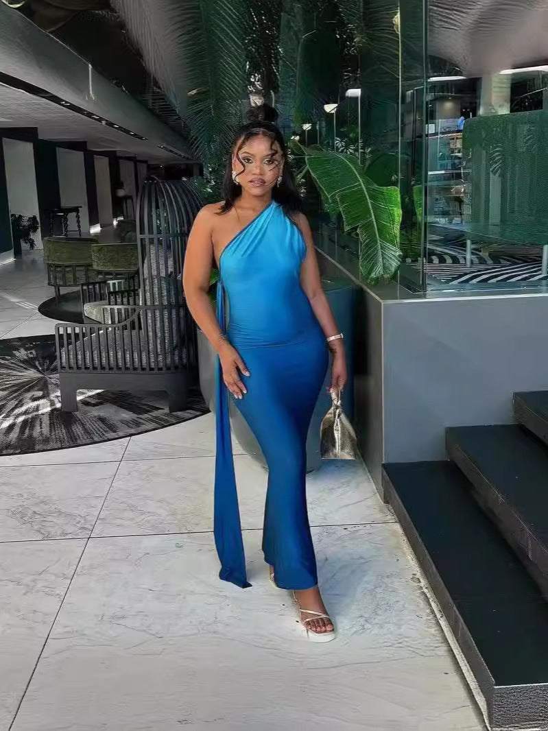 Women's Summer Sleeveless Slash Shoulder Gradient Color Sexy Slim Long Dress 5