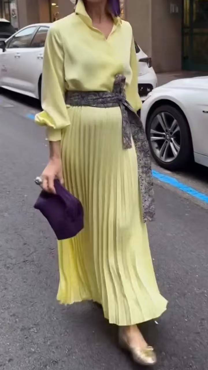 Spring Women's V-Neck Plus-Size Solid Color Belted pleated Dress 5