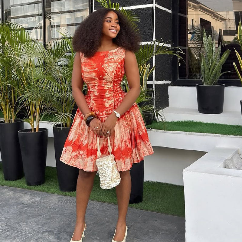 spring Summer African women's fashion Chic Elegant sleeveless pleated dress