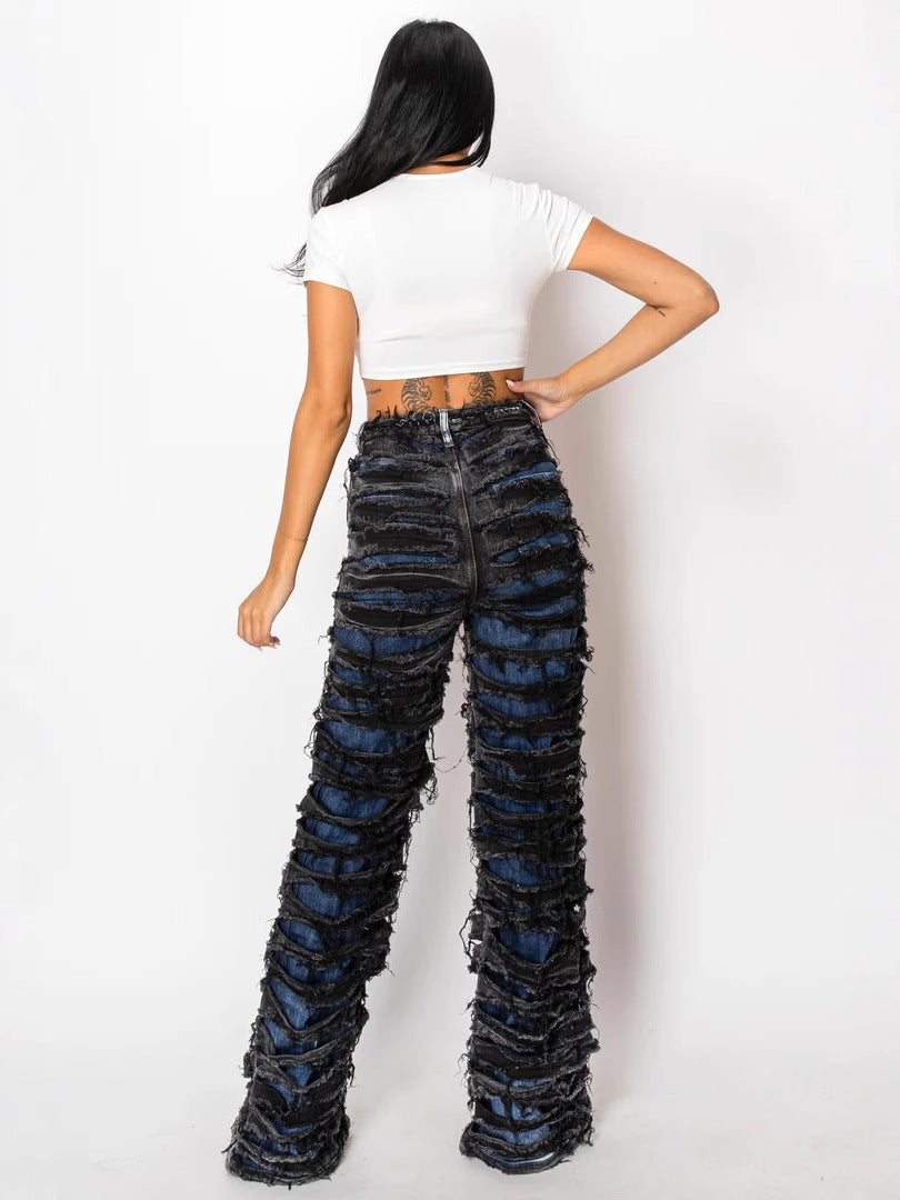 Women Double Ripped Denim Pants 5