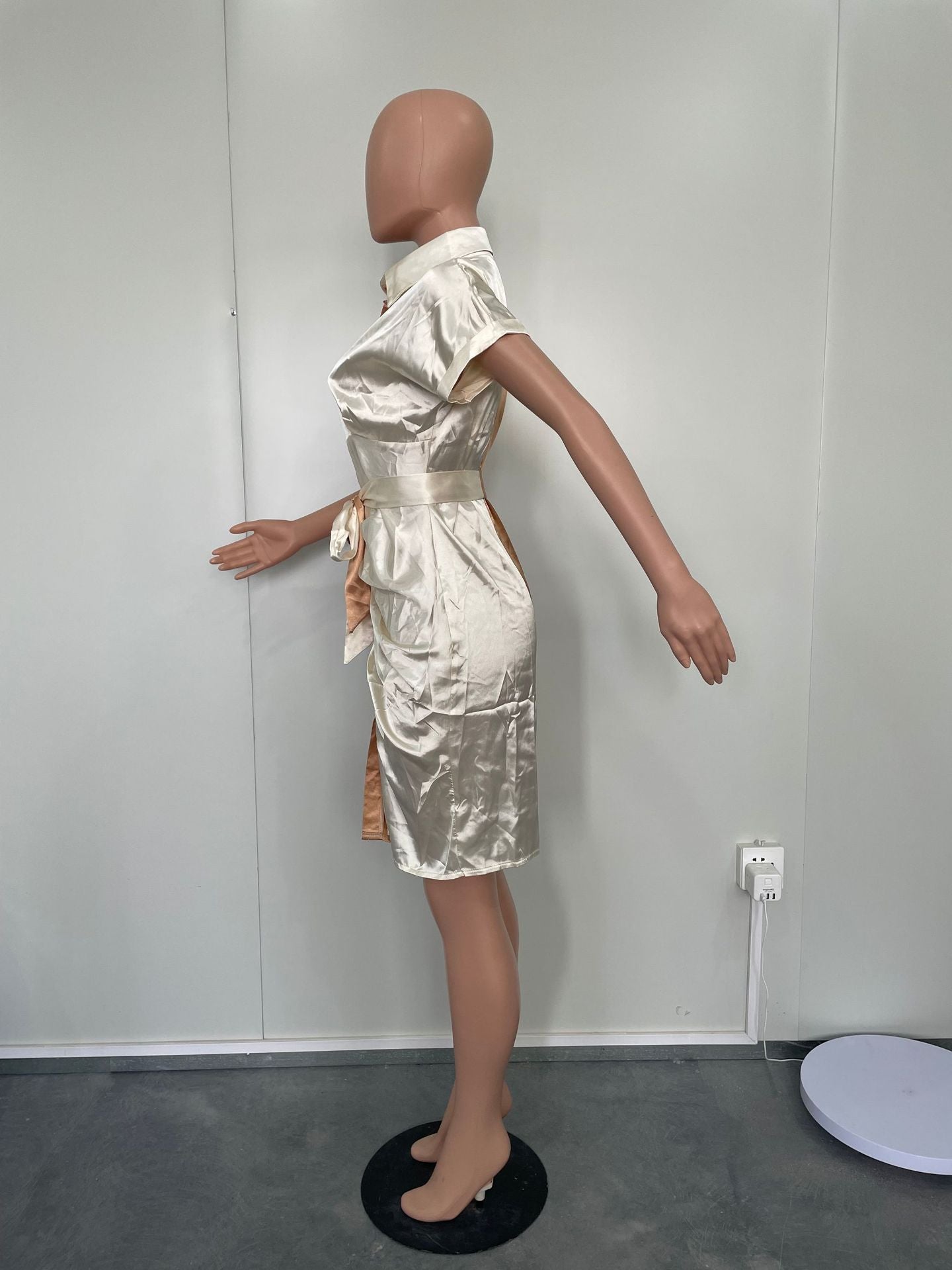 Sexy Women's Belted Pleated Satin Short Sleeve Button Button Contrasting Color Blouse Dress 16