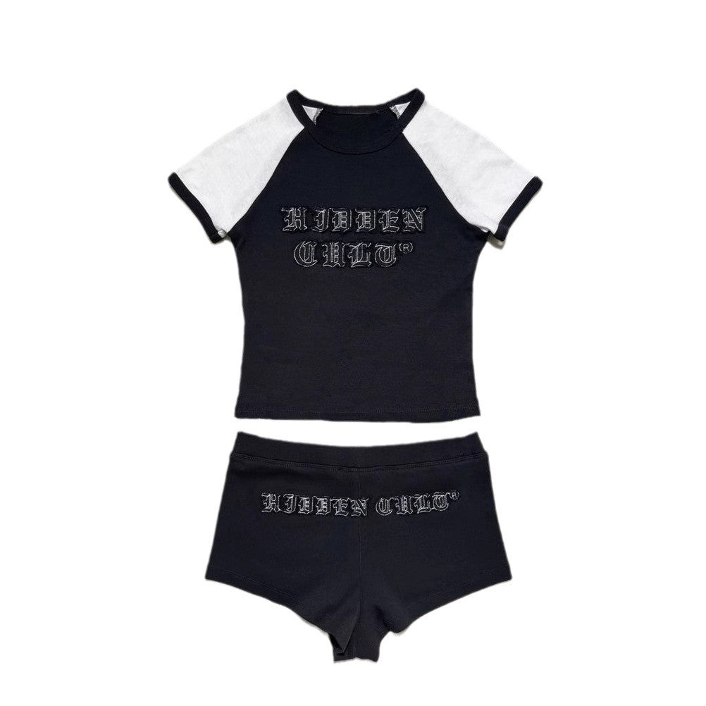 Women American style patchwork letter short-sleeved top and shorts two-piece set 10