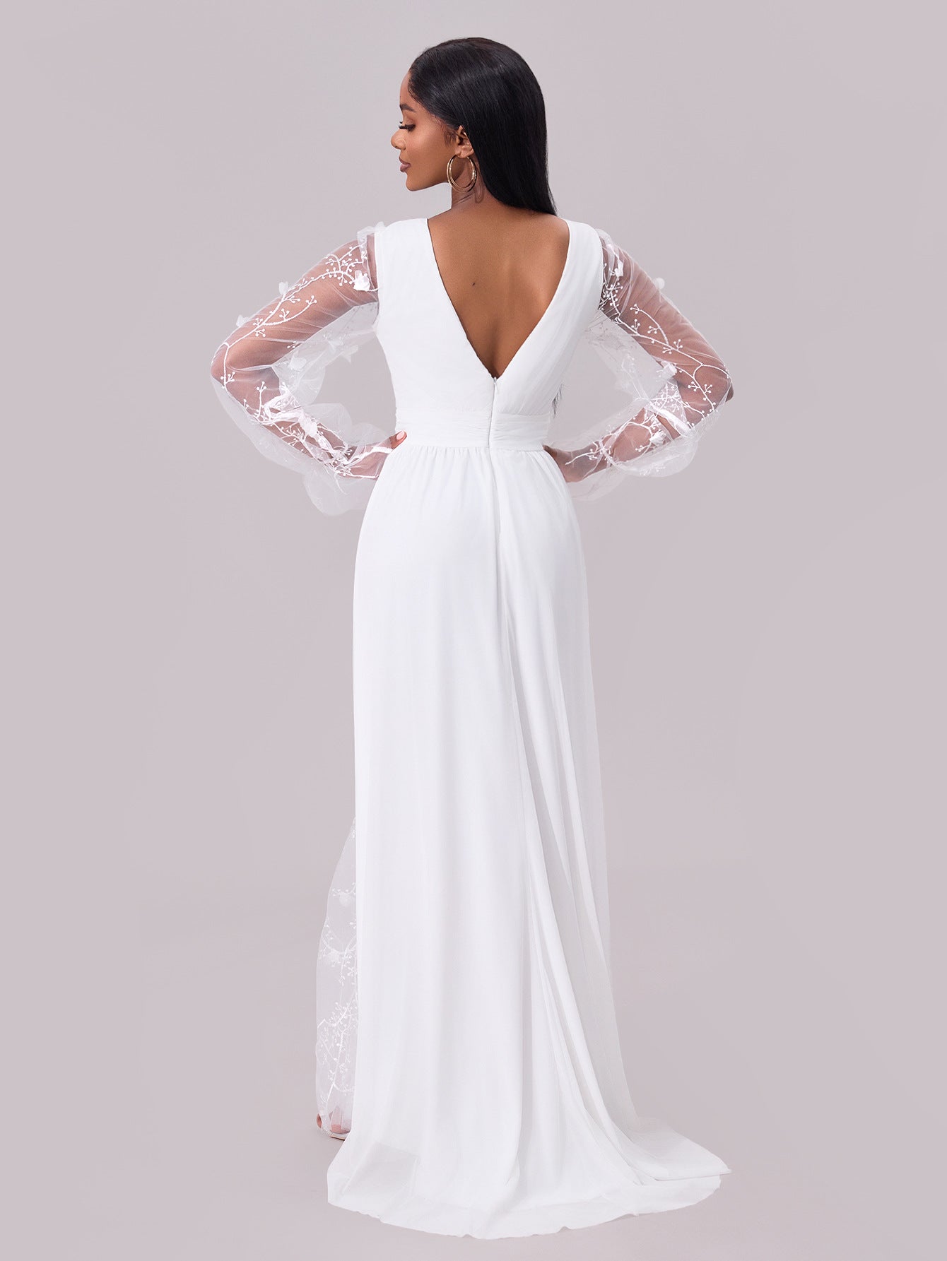 women's dress deep neck long sleeve wedding dress 5