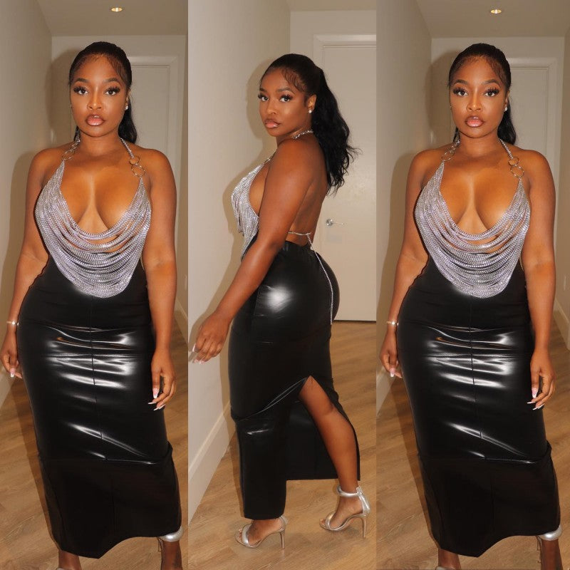 Women Autumn Solid Pu Leather Bodycon Slit Skirt 4