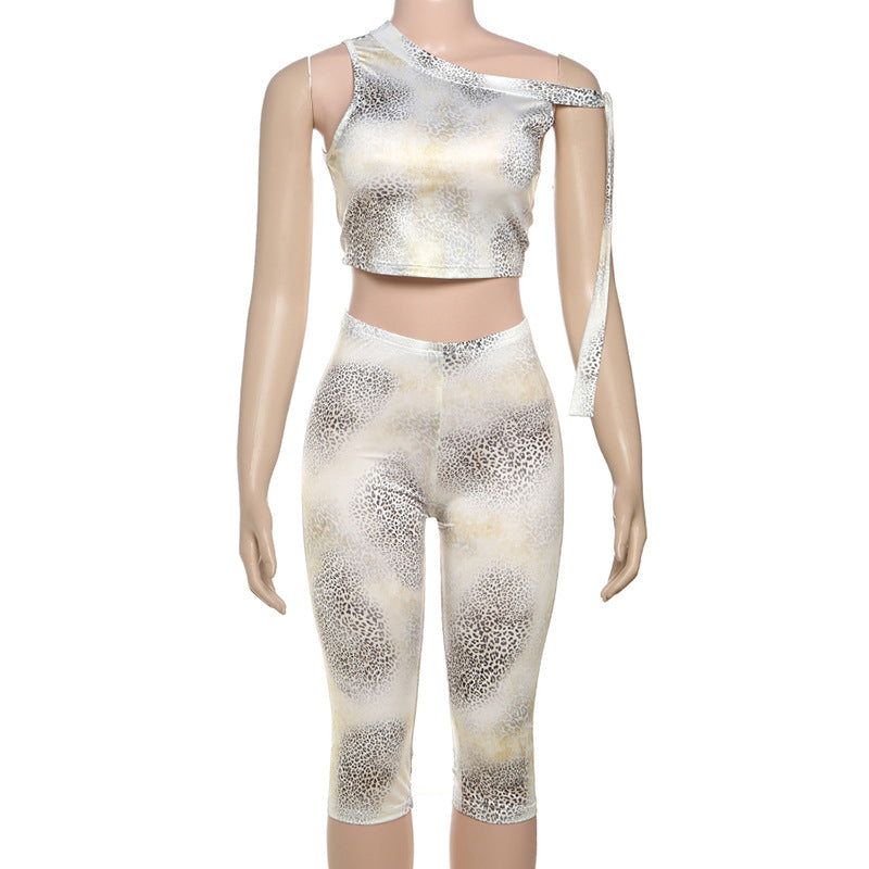 Summer Women's Fashion Street Contrast Leopard Print One-Shoulder Crop Top Shorts Two-Piece Set 9