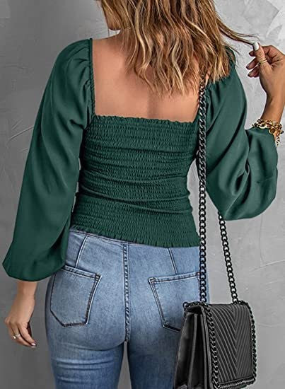 Women Solid Square Neck Long Sleeve Lantern Sleeve Pleated Top 8