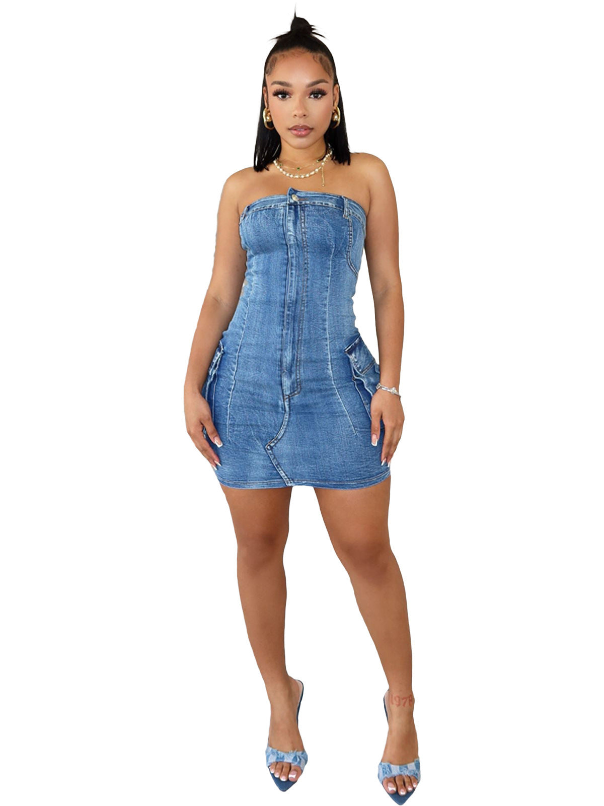 Women Sexy Strapless Washed Button Stretch Denim Dress 6