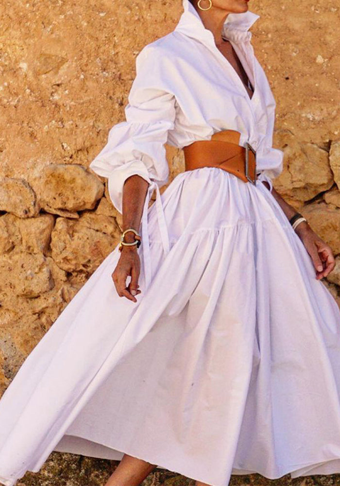 Spring Women's Fashion Chic Turndown Collar Long Sleeve Casual Midi Dress