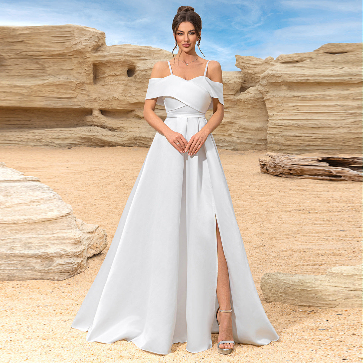 Women Slit White Off Shoulder Suspender Elegant Evening Dress 4