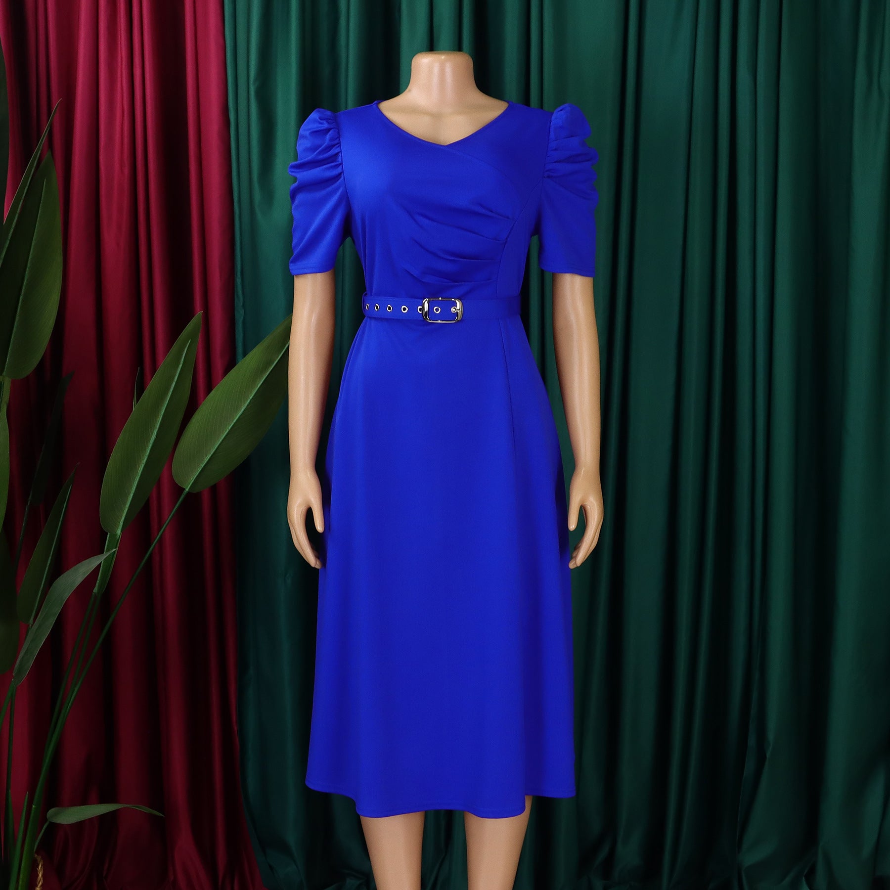 Women's Fashion Pleated Chic Elegant V-neck A-line African Dress 11