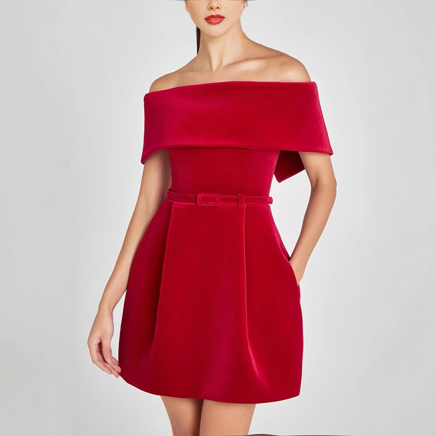 Women Spring Summer Off Shoulder Casual Pocket Dress