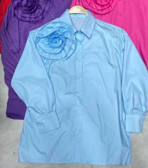 Women spring and autumn floral long-sleeved Turndown Collar Solid Casual Top 6