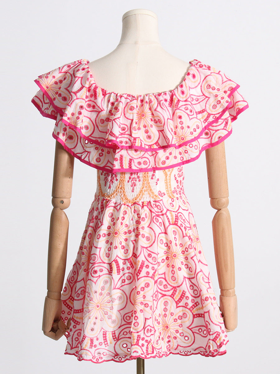Summer Off Shoulder ruffle embroidered lace Slim Waist Slim Fit Holidays style dress 7